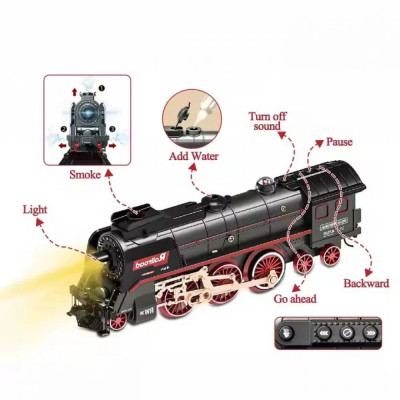 Железная дорога на аккумуляторе Classical Railroad 830 см - паровоз с паром + 5 вагонов, звук поезда, свет