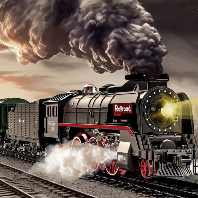 Железная дорога на аккумуляторе Classical Railroad 830 см - паровоз с паром + 5 вагонов, звук поезда, свет